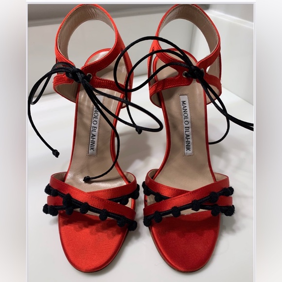 Manolo Blahnik Red Esparra Satin Sandal - Picture 1 of 5